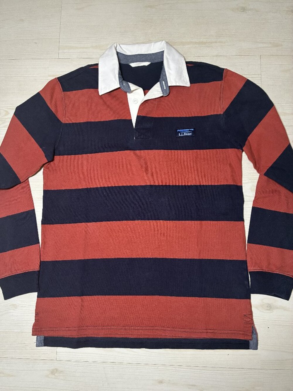 L.L. Bean Vintage Soft Rugby Shirt Men Small Red-Rust Navy Stripe Heavyweight